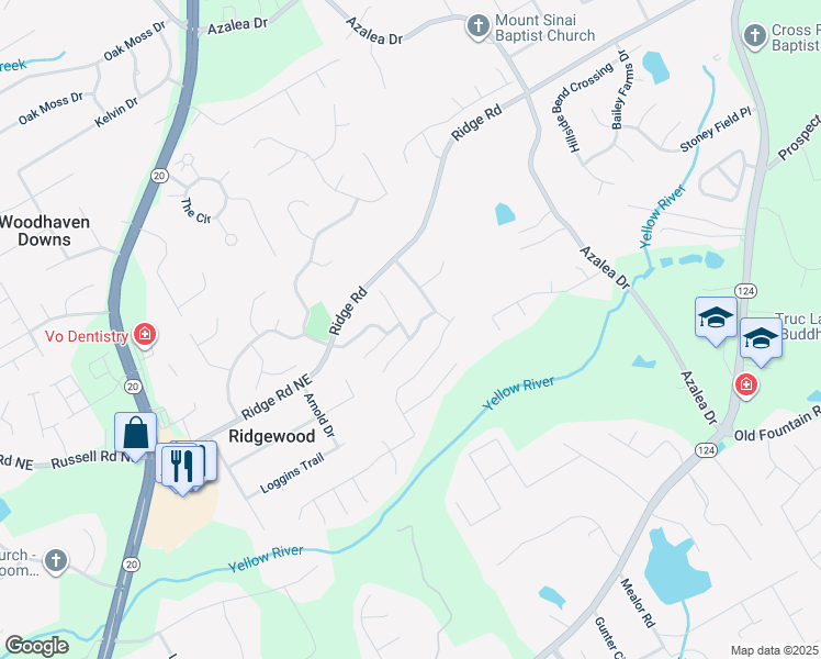map of restaurants, bars, coffee shops, grocery stores, and more near 1481 Park Knoll Trail Northeast in Lawrenceville