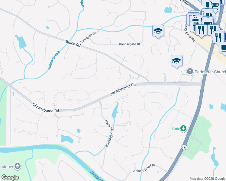 map of restaurants, bars, coffee shops, grocery stores, and more near 5272 Lacosta Lane in Alpharetta