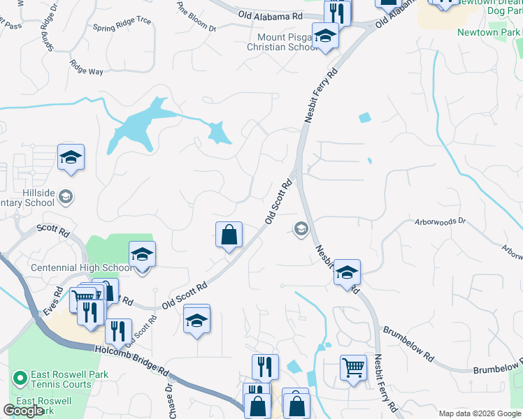 map of restaurants, bars, coffee shops, grocery stores, and more near 2635 Coachmans Circle in Alpharetta