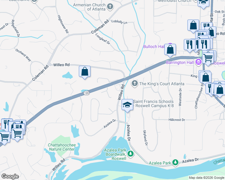 map of restaurants, bars, coffee shops, grocery stores, and more near 1005 Westcroft Lane in Roswell