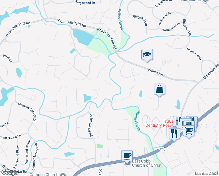 map of restaurants, bars, coffee shops, grocery stores, and more near 2655 Boulder Creek Drive in Roswell