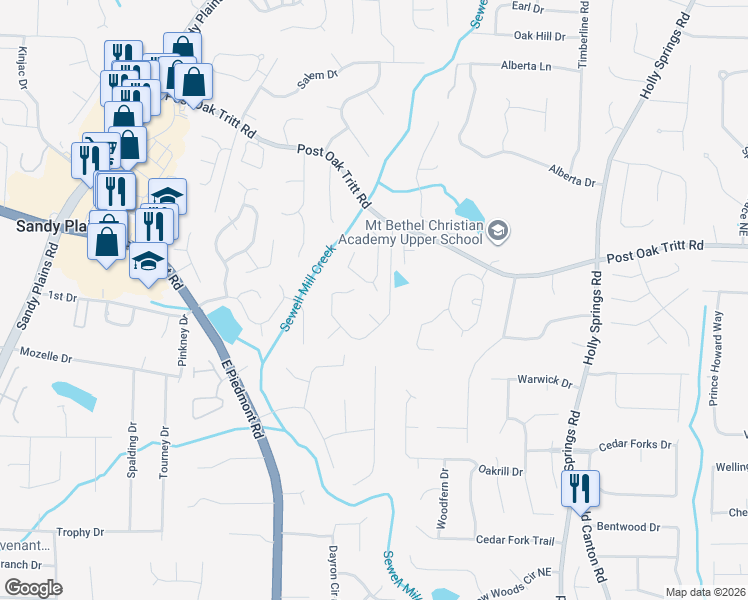 map of restaurants, bars, coffee shops, grocery stores, and more near 2578 Oak Village Court Northeast in Marietta