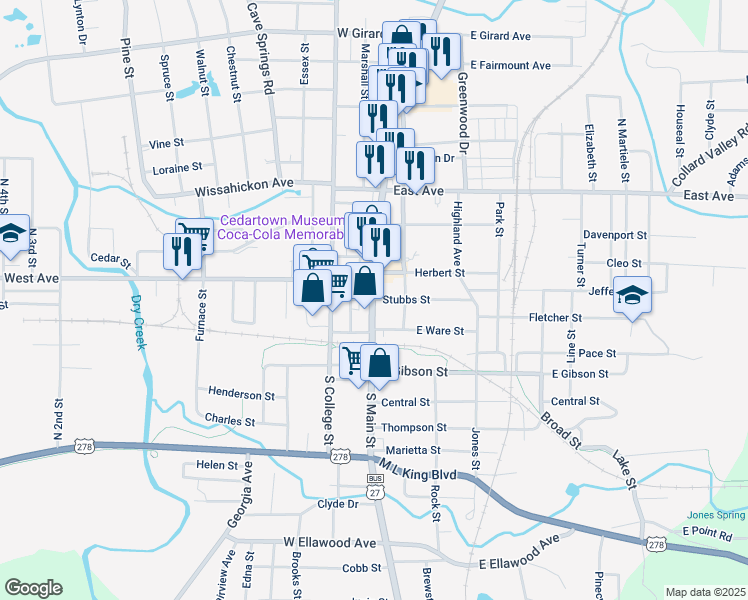 map of restaurants, bars, coffee shops, grocery stores, and more near 404 South Main Street in Cedartown