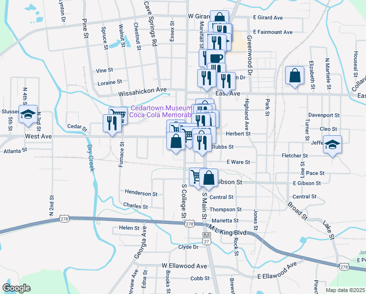 map of restaurants, bars, coffee shops, grocery stores, and more near 420 South College Street in Cedartown