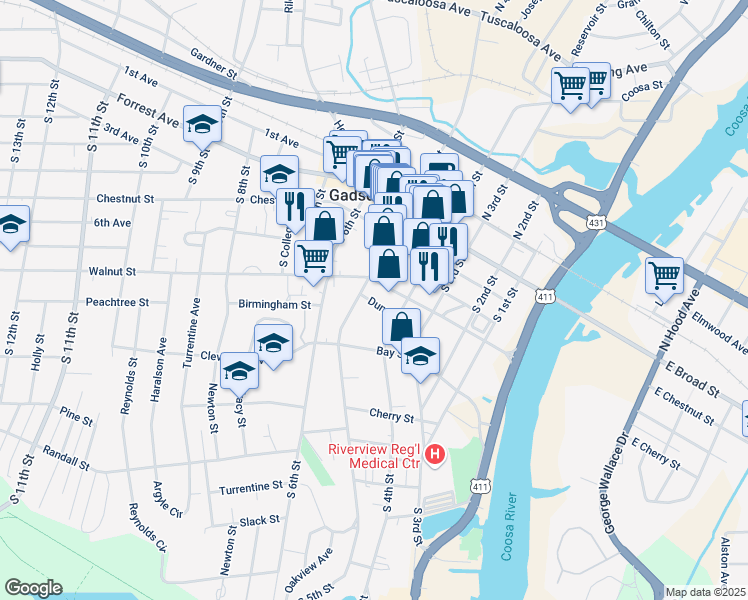 map of restaurants, bars, coffee shops, grocery stores, and more near 241 South 4th Street in Gadsden