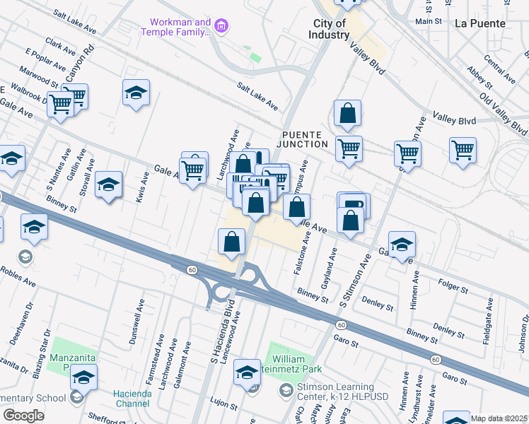 map of restaurants, bars, coffee shops, grocery stores, and more near 1104 South Hacienda Boulevard in Hacienda Heights