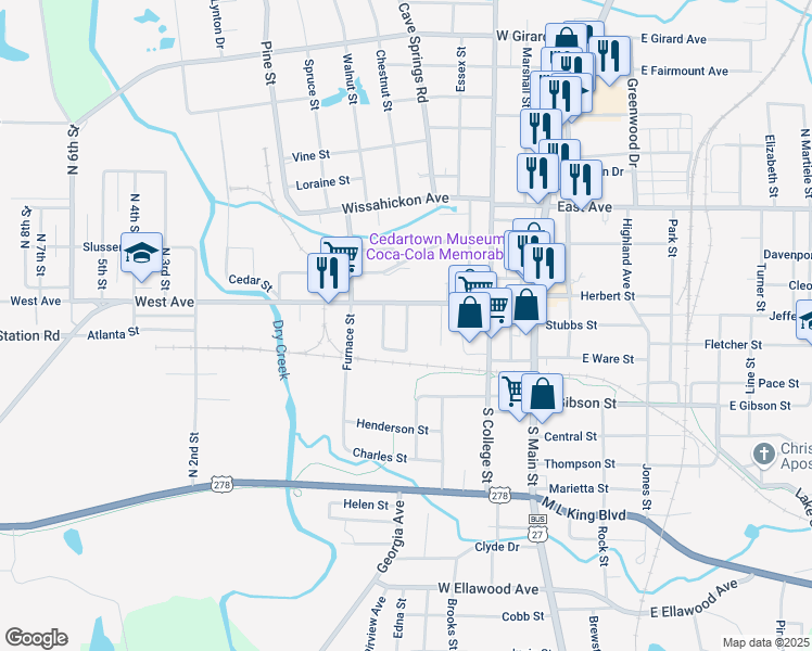 map of restaurants, bars, coffee shops, grocery stores, and more near 316 Cherokee Street in Cedartown