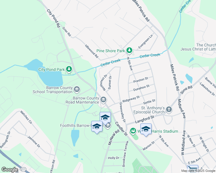 map of restaurants, bars, coffee shops, grocery stores, and more near 442 Sunset Drive in Winder