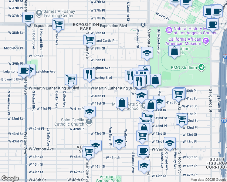map of restaurants, bars, coffee shops, grocery stores, and more near 1214 W Martin Luther King Jr Blvd in Los Angeles