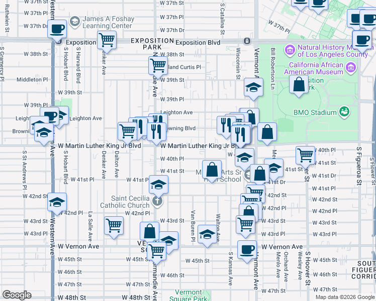 map of restaurants, bars, coffee shops, grocery stores, and more near 1236 West Martin Luther King Junior Boulevard in Los Angeles