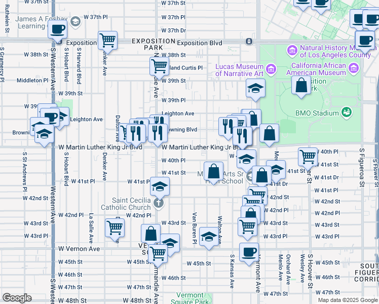 map of restaurants, bars, coffee shops, grocery stores, and more near 1236 West Martin Luther King Junior Boulevard in Los Angeles