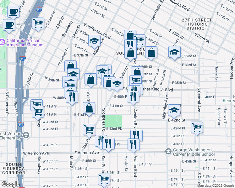map of restaurants, bars, coffee shops, grocery stores, and more near 401 East 40th Place in Los Angeles