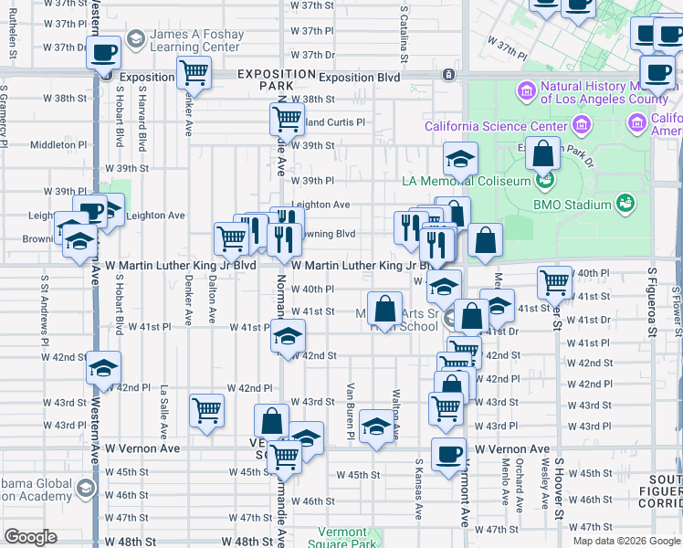 map of restaurants, bars, coffee shops, grocery stores, and more near 1236 West Martin Luther King Junior Boulevard in Los Angeles