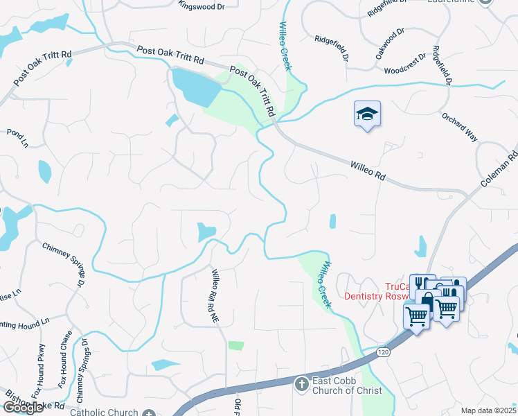 map of restaurants, bars, coffee shops, grocery stores, and more near 2655 Boulder Creek Drive in Roswell