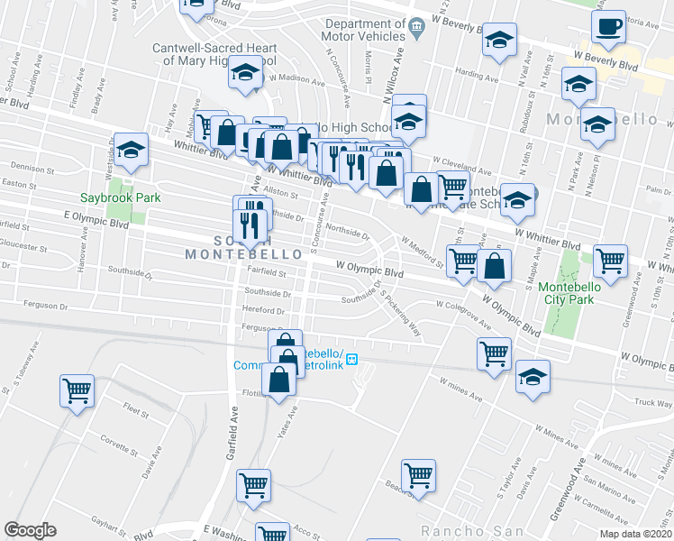 map of restaurants, bars, coffee shops, grocery stores, and more near 2205 West Olympic Boulevard in Montebello