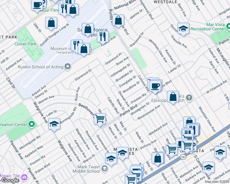 map of restaurants, bars, coffee shops, grocery stores, and more near 3375 Stewart Avenue in Los Angeles