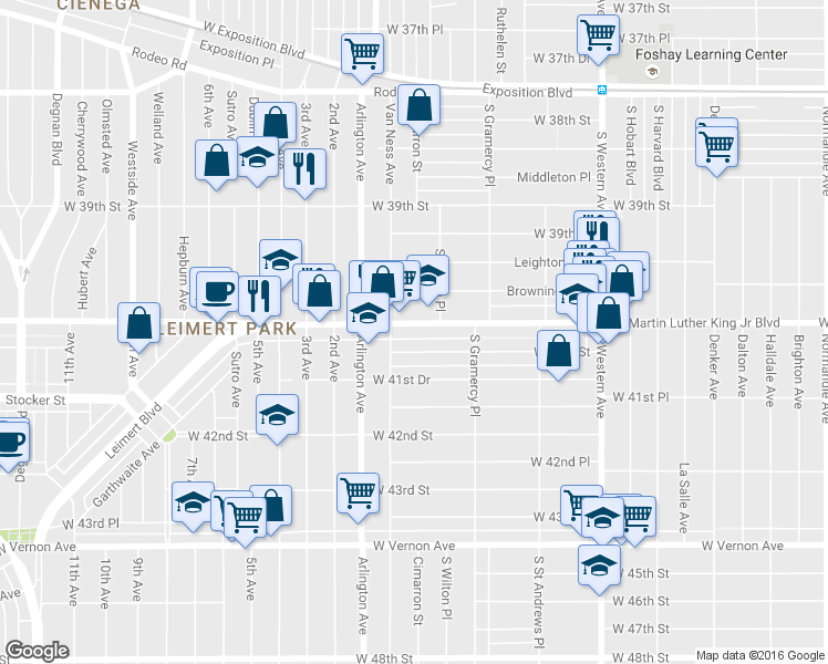 map of restaurants, bars, coffee shops, grocery stores, and more near 2018 West Martin Luther King Junior Boulevard in Los Angeles