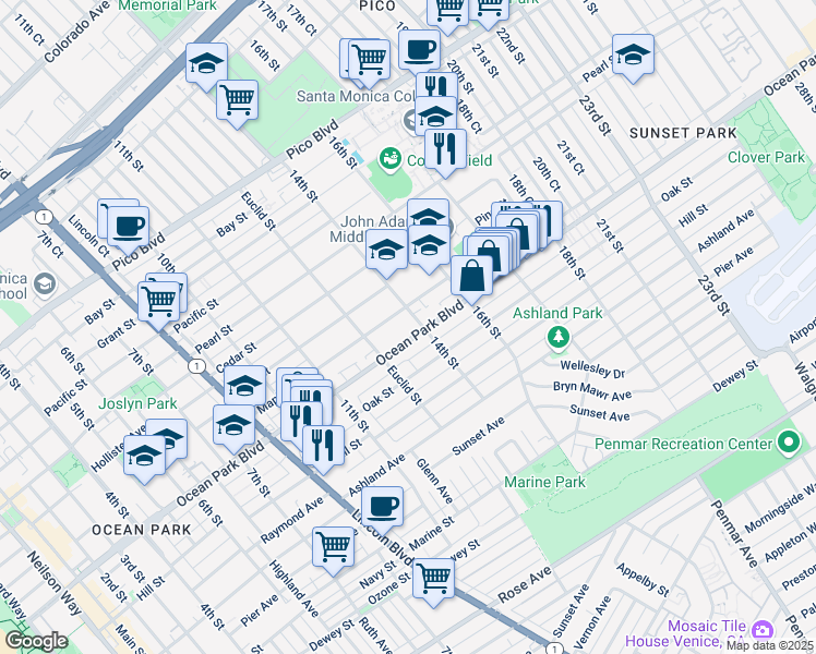 map of restaurants, bars, coffee shops, grocery stores, and more near 1343 Ocean Park Boulevard in Santa Monica