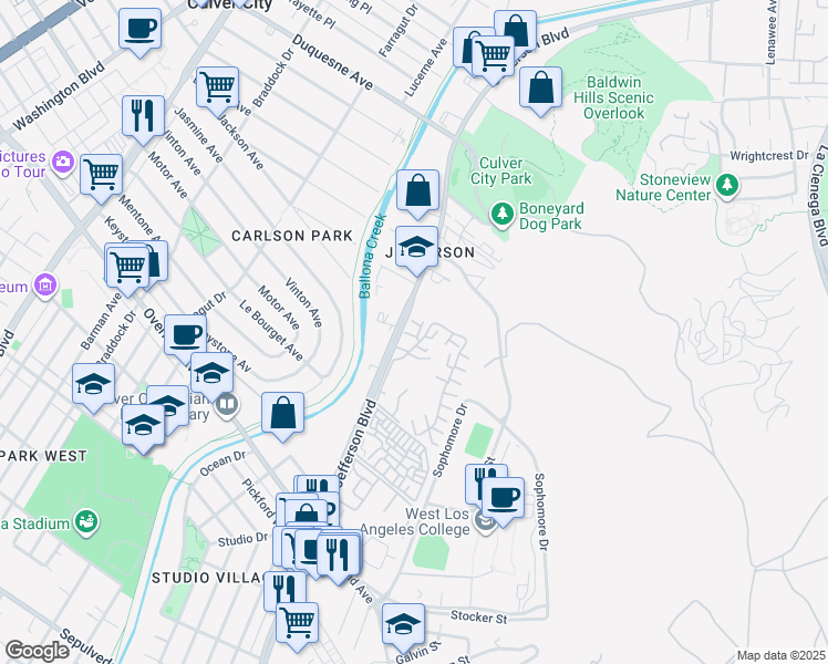 map of restaurants, bars, coffee shops, grocery stores, and more near 4820 Salem Village Court in Culver City