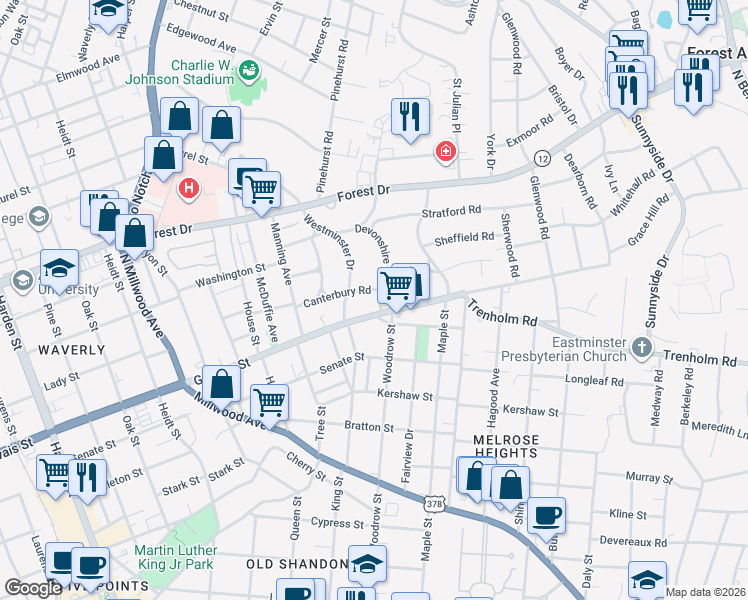 map of restaurants, bars, coffee shops, grocery stores, and more near 2704 Canterbury Road in Columbia