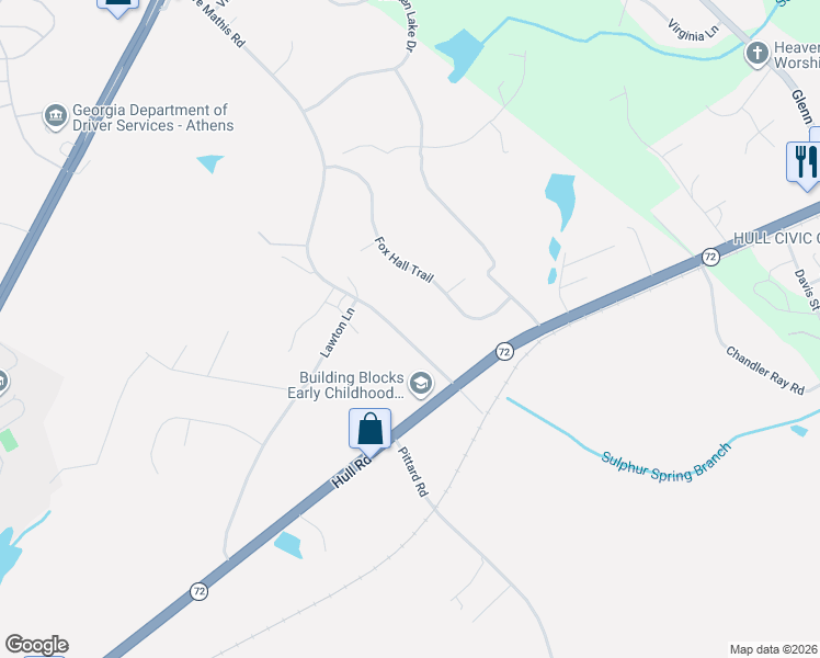 map of restaurants, bars, coffee shops, grocery stores, and more near 300 Harve Mathis Road in Athens