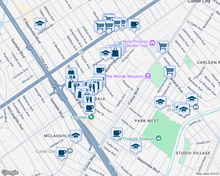 map of restaurants, bars, coffee shops, grocery stores, and more near 4046 Huron Avenue in Culver City