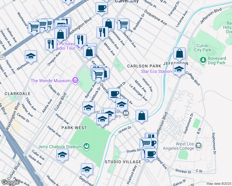 map of restaurants, bars, coffee shops, grocery stores, and more near 4307 Keystone Avenue in Culver City