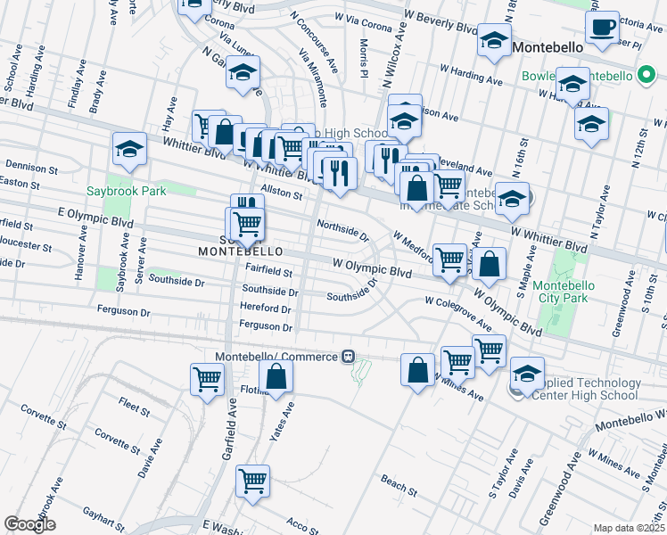 map of restaurants, bars, coffee shops, grocery stores, and more near 2205 West Olympic Boulevard in Montebello