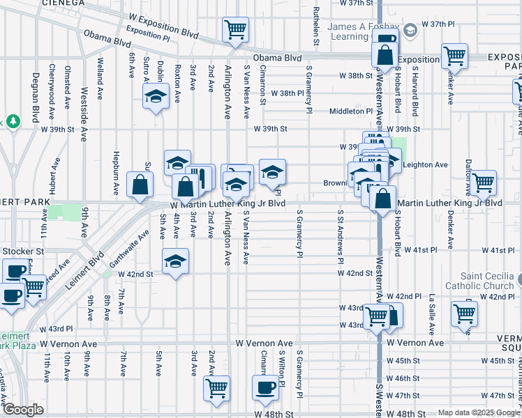 map of restaurants, bars, coffee shops, grocery stores, and more near 2018 West Martin Luther King Junior Boulevard in Los Angeles