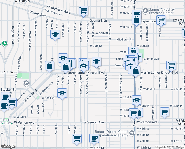 map of restaurants, bars, coffee shops, grocery stores, and more near 2018 West Martin Luther King Junior Boulevard in Los Angeles