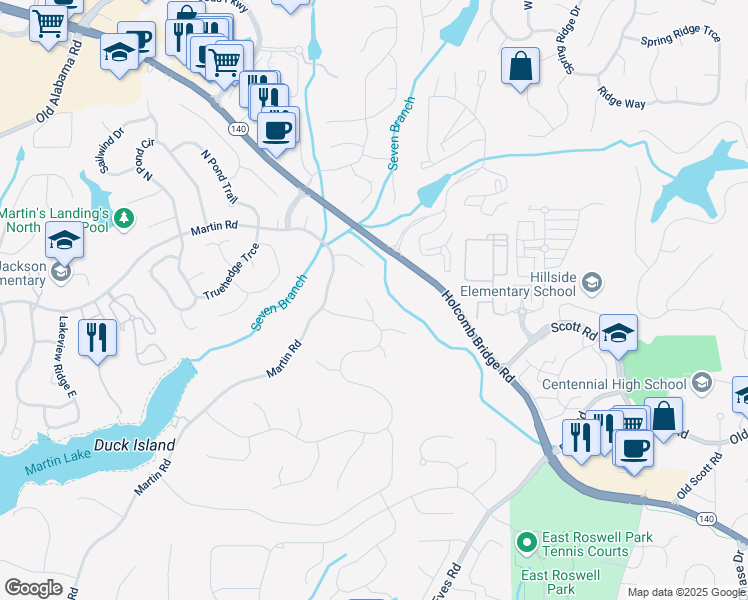 map of restaurants, bars, coffee shops, grocery stores, and more near 330 6 Branches Court in Roswell