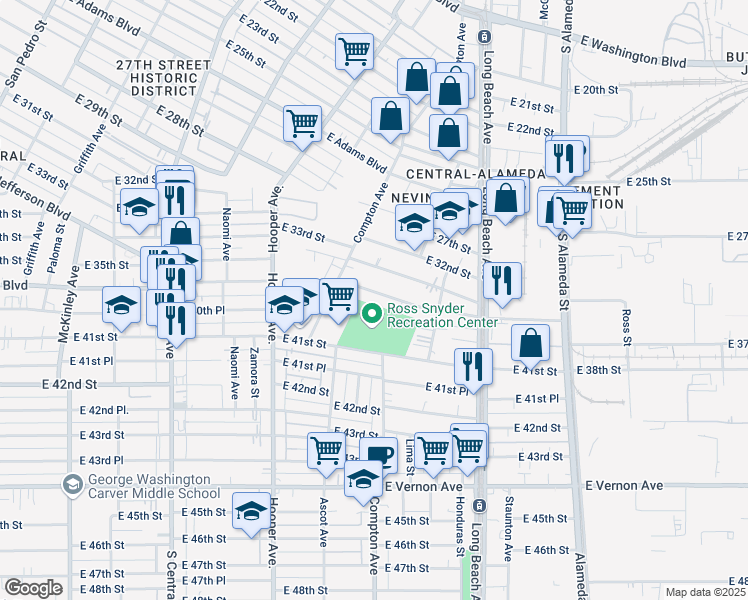 map of restaurants, bars, coffee shops, grocery stores, and more near 1537 East Martin Luther King Junior Boulevard in Los Angeles