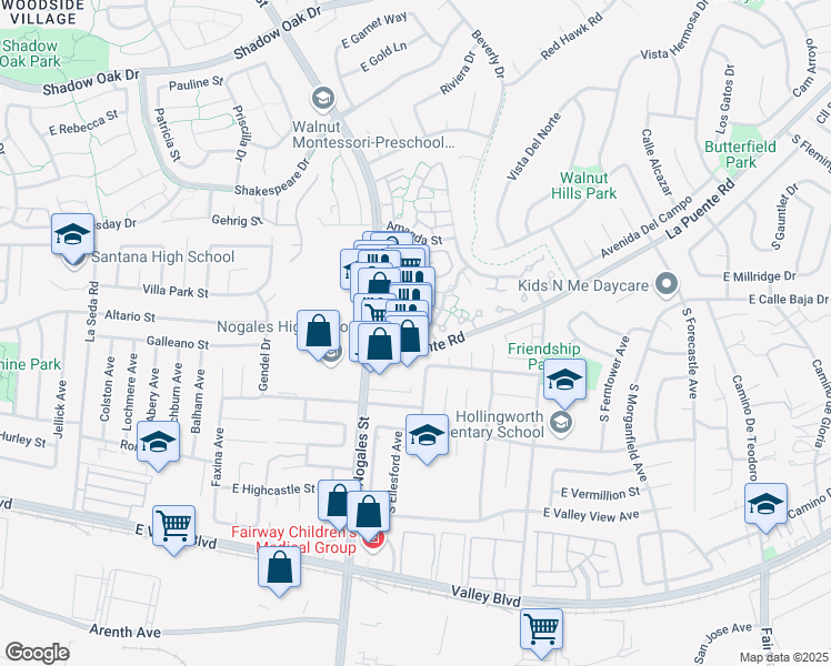 map of restaurants, bars, coffee shops, grocery stores, and more near 3660 Nogales Street in West Covina