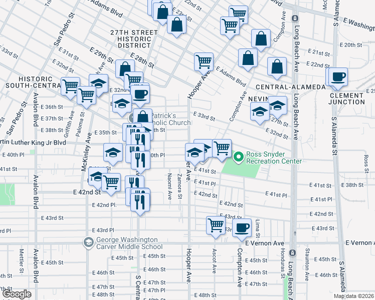 map of restaurants, bars, coffee shops, grocery stores, and more near 1280 East Martin Luther King Junior Boulevard in Los Angeles