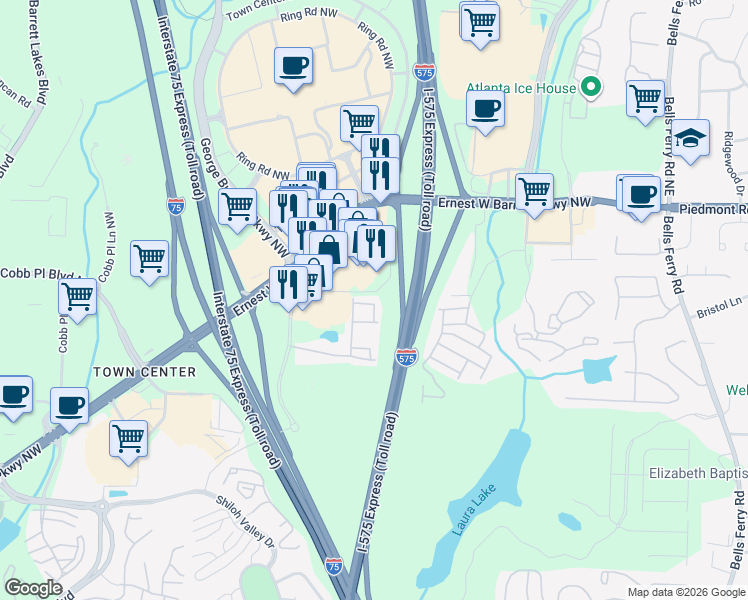 map of restaurants, bars, coffee shops, grocery stores, and more near 2393 Heritage Park Circle in Kennesaw