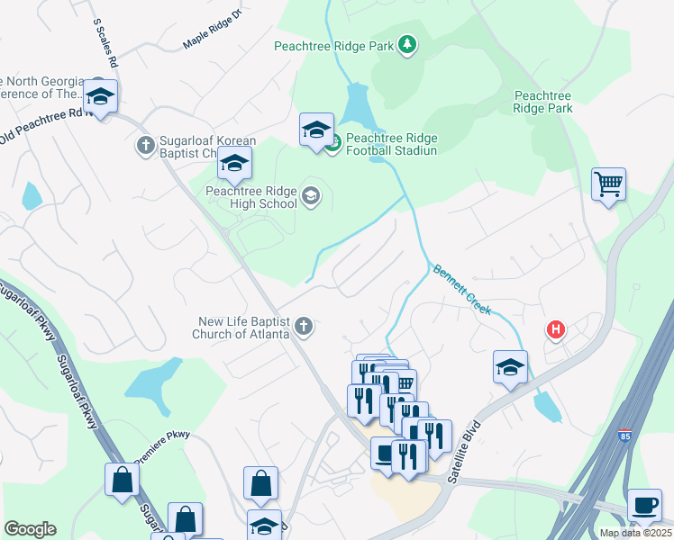 map of restaurants, bars, coffee shops, grocery stores, and more near 1622 Belmont Creek Pointe in Suwanee
