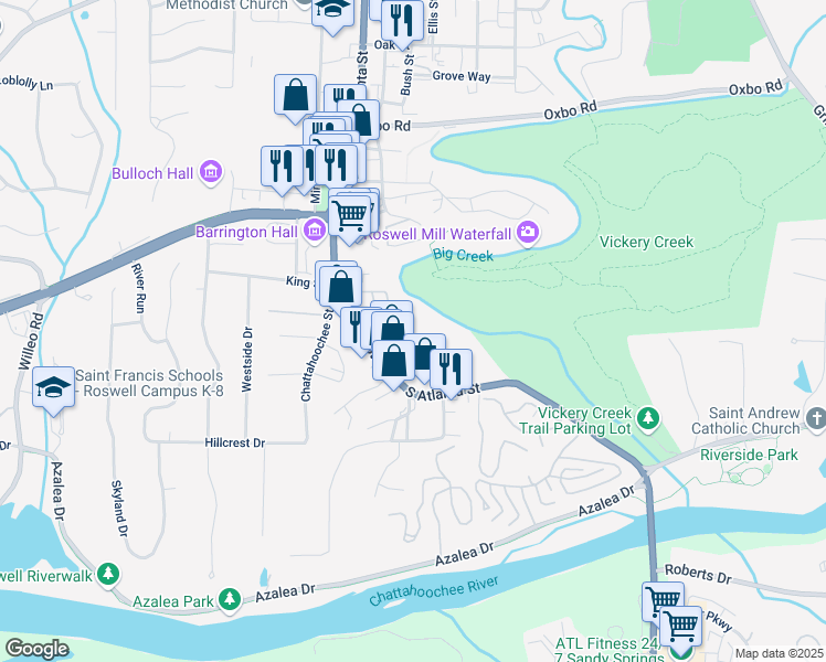 map of restaurants, bars, coffee shops, grocery stores, and more near 453 South Atlanta Street in Roswell
