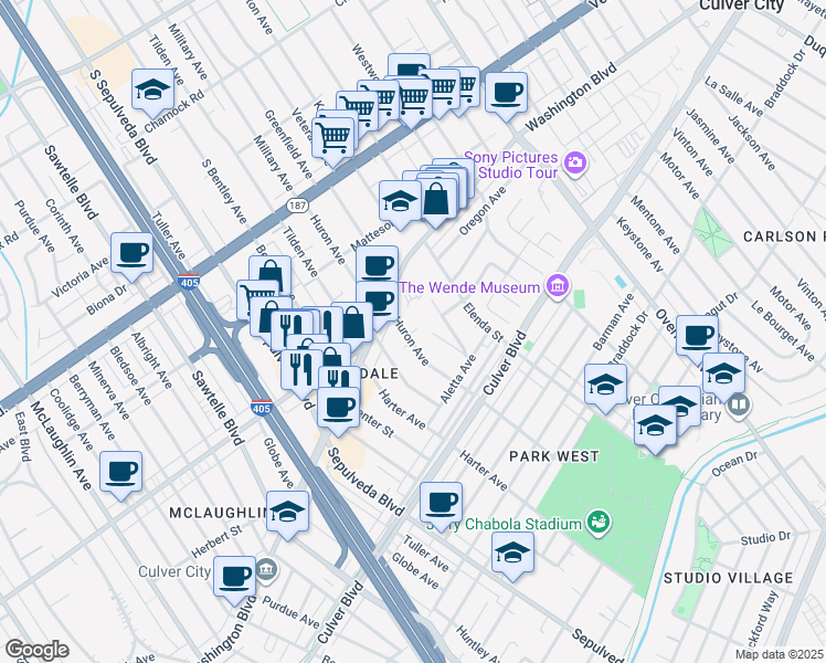 map of restaurants, bars, coffee shops, grocery stores, and more near 4046 Huron Avenue in Culver City