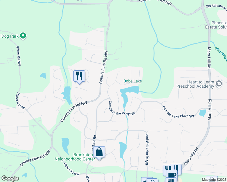 map of restaurants, bars, coffee shops, grocery stores, and more near 2437 Camden Lake View Northwest in Acworth