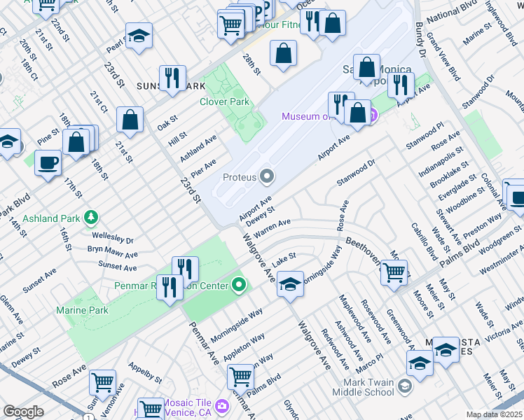 map of restaurants, bars, coffee shops, grocery stores, and more near 13203 Dewey Street in Los Angeles