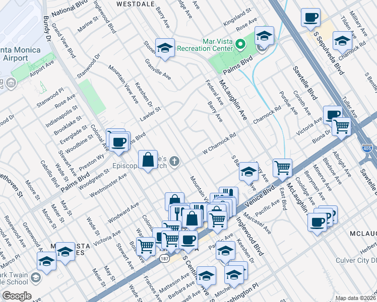 map of restaurants, bars, coffee shops, grocery stores, and more near 3577 Inglewood Boulevard in Los Angeles