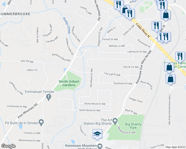 map of restaurants, bars, coffee shops, grocery stores, and more near 3075 Woodland Drive Northwest in Kennesaw