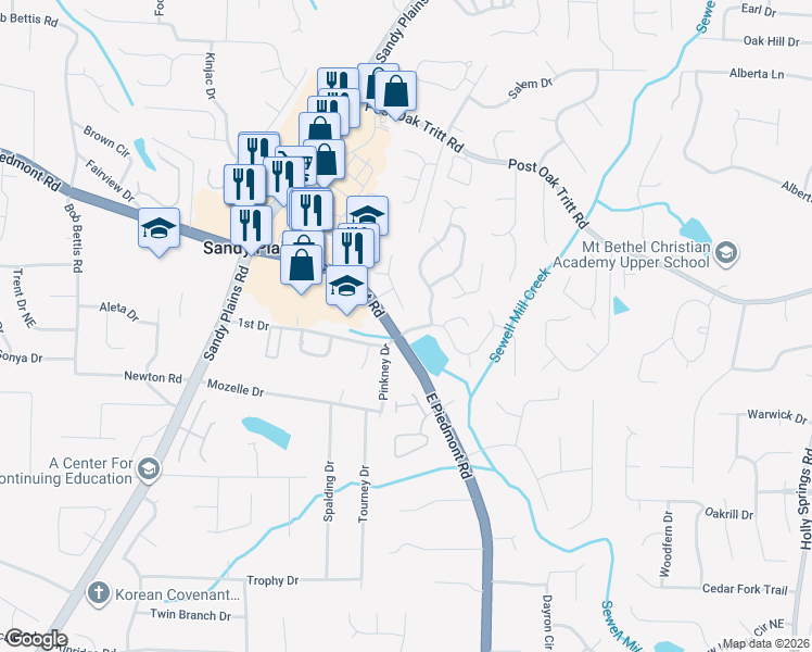 map of restaurants, bars, coffee shops, grocery stores, and more near 2123 Mainsail Drive Northeast in Marietta
