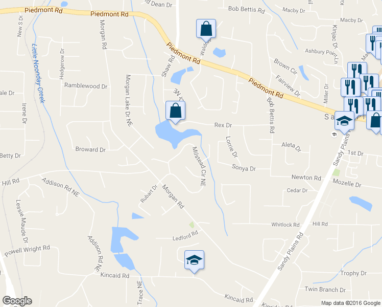 map of restaurants, bars, coffee shops, grocery stores, and more near 2333 Milstead Cir NE in Marietta