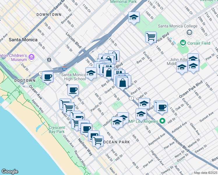 map of restaurants, bars, coffee shops, grocery stores, and more near 2018 California 1 in Santa Monica