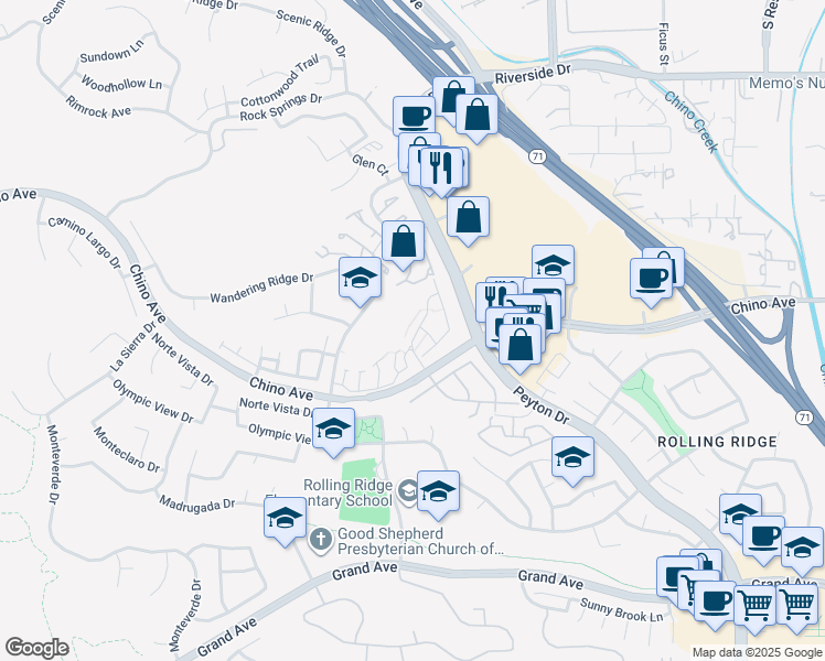map of restaurants, bars, coffee shops, grocery stores, and more near 2784 Eagle Crest Road in Chino Hills