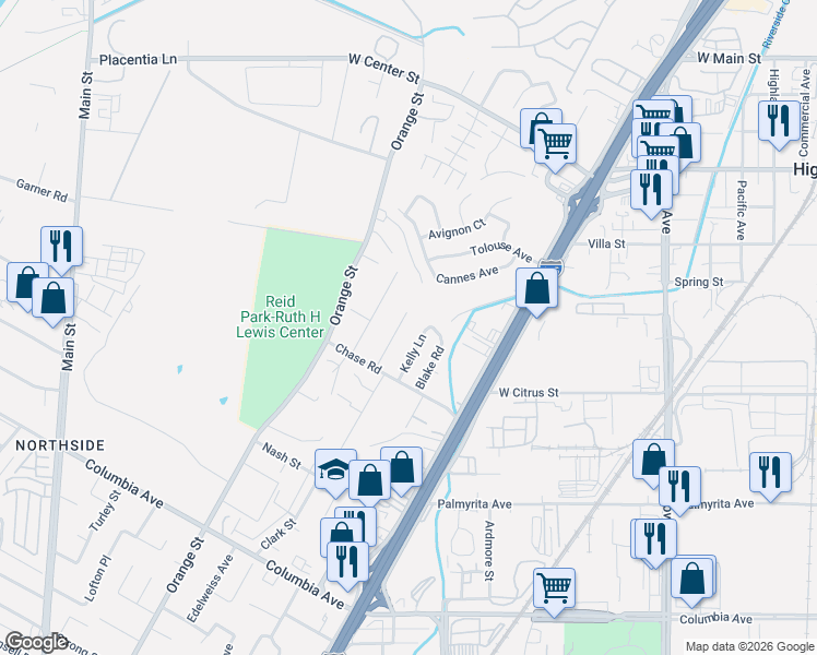 map of restaurants, bars, coffee shops, grocery stores, and more near 694 Forest Park Drive in Riverside
