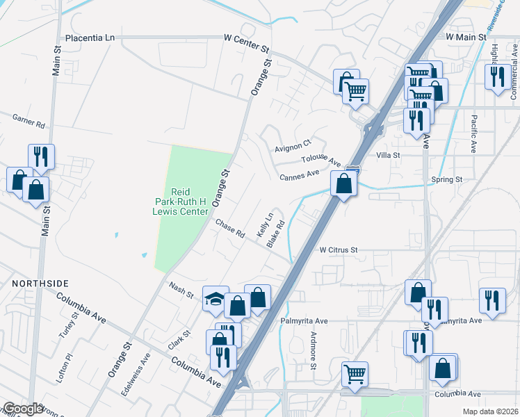 map of restaurants, bars, coffee shops, grocery stores, and more near 711 Kelly Lane in Riverside