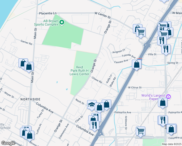 map of restaurants, bars, coffee shops, grocery stores, and more near 756 Orange Street in Riverside