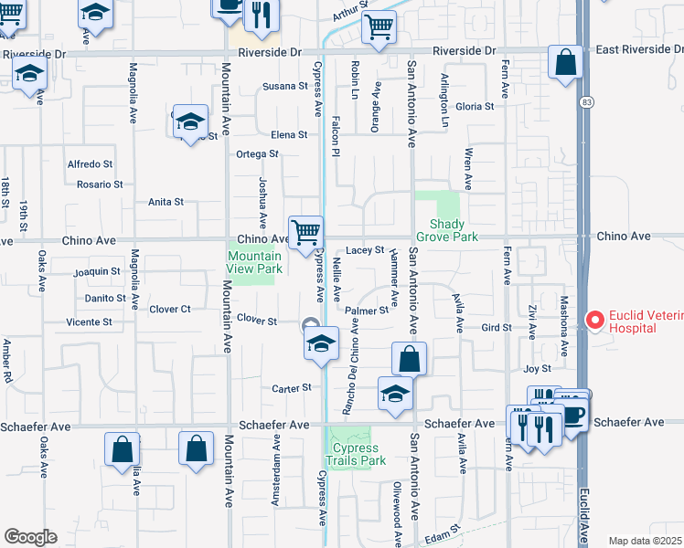 map of restaurants, bars, coffee shops, grocery stores, and more near 6560 Harrington Court in Chino